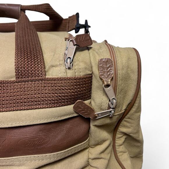 Eddie Bauer Ford Vintage 90s Weekender Duffle Travel Bag Khaki Canvas Leather - Picture 5 of 7